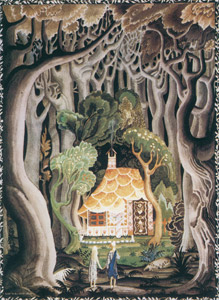 挿絵画家カイ・ニールセンのヘンゼルとグレーテルの作品。森の中でお菓子の家を見つける場面
