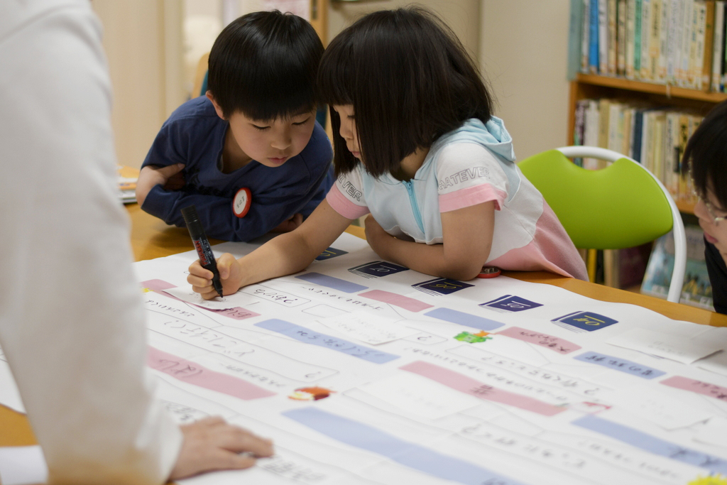 写真:子どもたちがへなちょこチャートに書き込みをしています