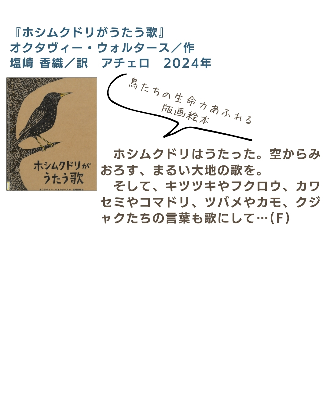 画像：『ホシムクドリがうたう歌』の本の表紙と紹介文です。